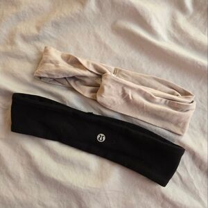 2 Lululemon Sport Headbands - cream crossover knot and black logo
